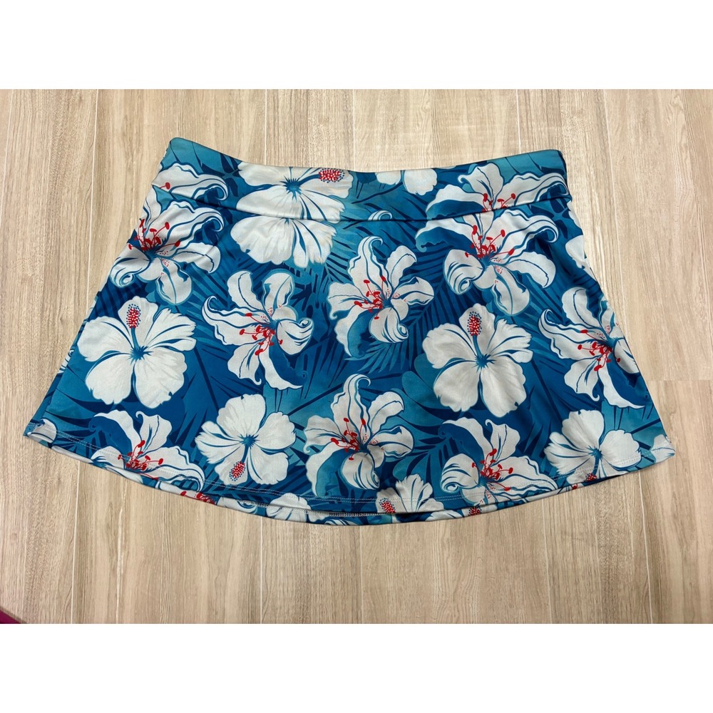 Alex Vando Womens Blue White Hibiscus Tropical Floral Swim Skirt Bottom Size L